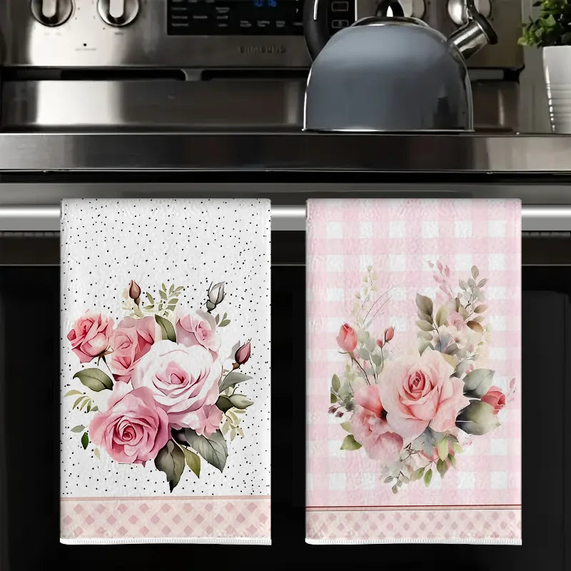 2Pcs, Vintage Pink Rose Print Kitchen Towels, 40Cm*60Cm Towel Set, Super Absorbent Soft Cleaning Cloth, Cooking and Baking Tea Towel, Hand Towel, Cleaning Cloth, Dishcloth, Kitchen Decoration, Living Room Decoration, Kitchen