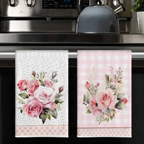 2Pcs, Vintage Pink Rose Print Kitchen Towels, 40Cm*60Cm Towel Set, Super Absorbent Soft Cleaning Cloth, Cooking and Baking Tea Towel, Hand Towel, Cleaning Cloth, Dishcloth, Kitchen Decoration, Living Room Decoration, Kitchen
