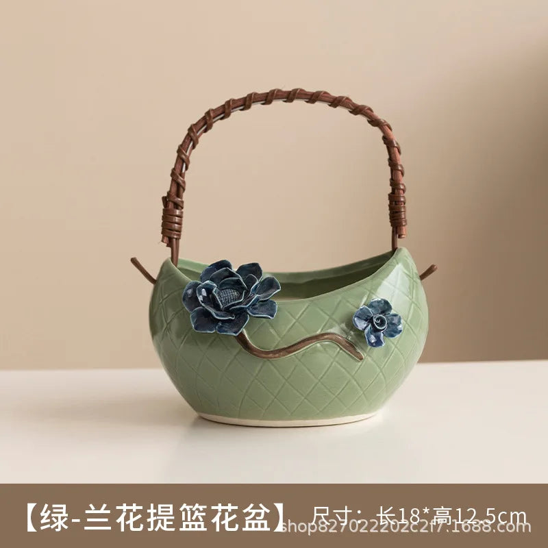 Handmade Ceramic Succulent Planter with Pinched Flowers, Flower Basket Shape Mini Pot for Desktop Cactus