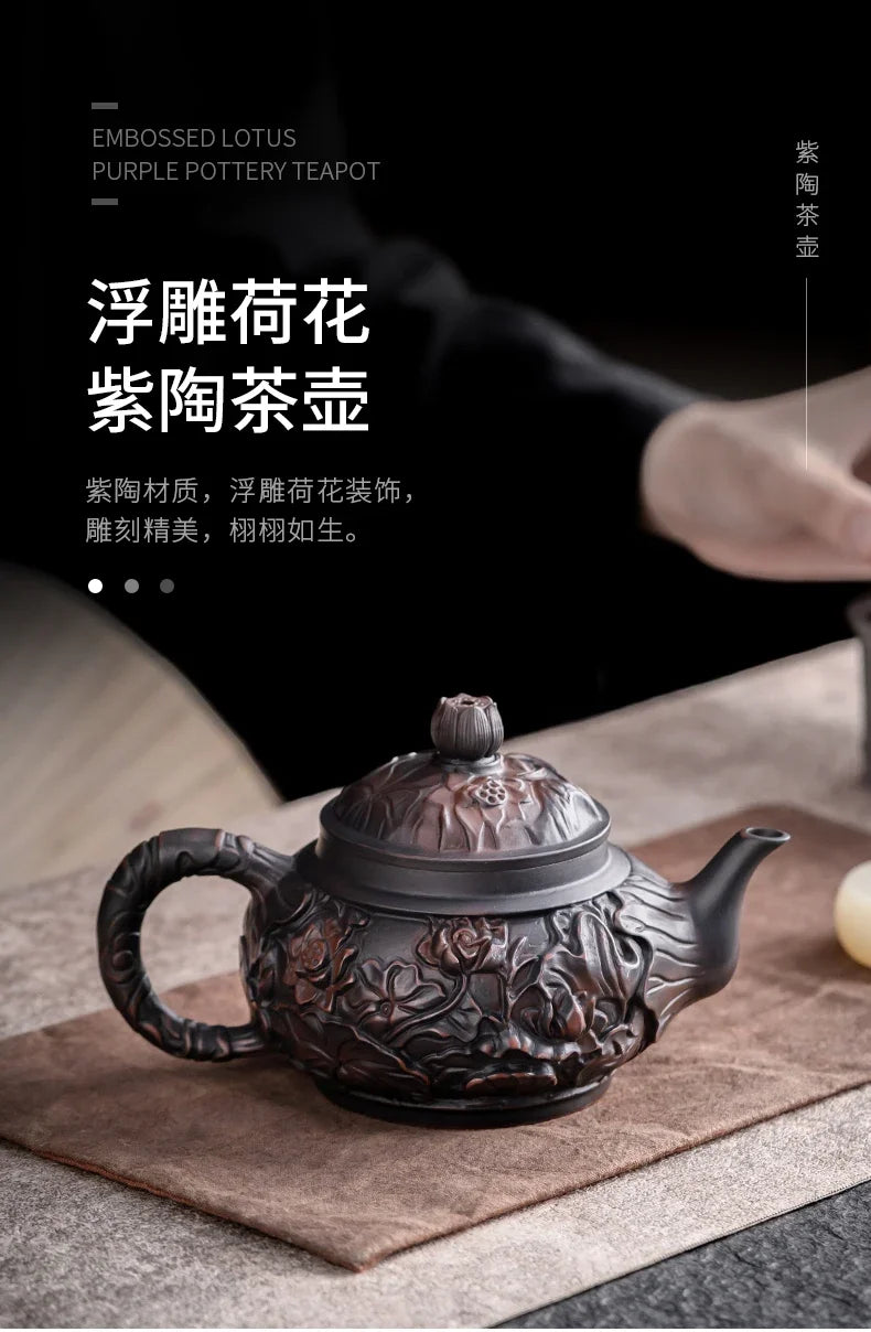 Suitable for collectionPurple Pottery Teapot Handmade Pile Carving Xianglong Pot Kung Fu Tea Set Purple Clay Pot Handmade
