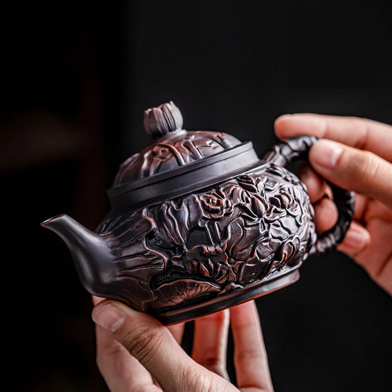 Suitable for collectionPurple Pottery Teapot Handmade Pile Carving Xianglong Pot Kung Fu Tea Set Purple Clay Pot Handmade
