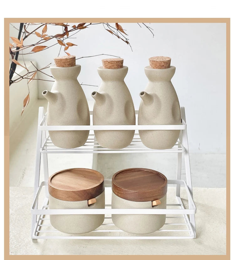 Vintage Ceramic Seasoning Jar Japanese Style Home Kitchen Salt Chili Sugar Jar Oil Pot Wooden Lid Spice Kitchen Utensils Modern