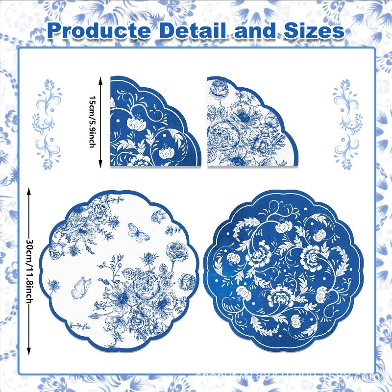 Vintage Blue Flowers Paper Napkins Wedding Disposable Tableware Serviettes Tissues Baby Birthday Party Dinner Table Decor