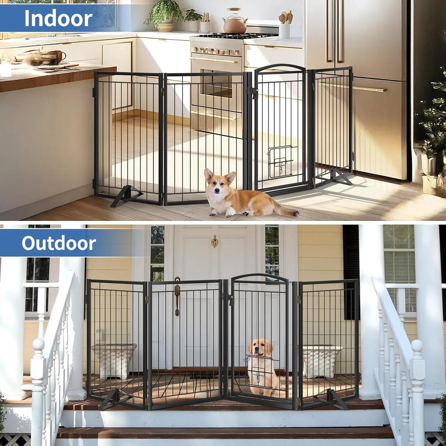 32" Tall Foldable Dog Gate with Cat Door, 80" Wide Freestanding Pet Fence for Indoor Outdoor Use, Stairs Deck Yard