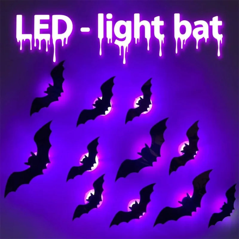 Halloween Decorations 3D Lighted Bats with Purple Green LED Lights Waterproof Window Wall Stickers for Indoor Outdoor Decor