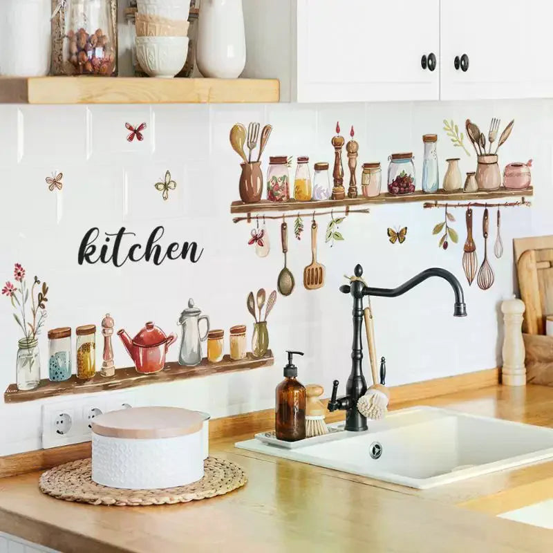 1PC Painted Kitchenware Glass Jar Kitchen Dining Room Home Beautification Decoration Wall Sticker PVC Material