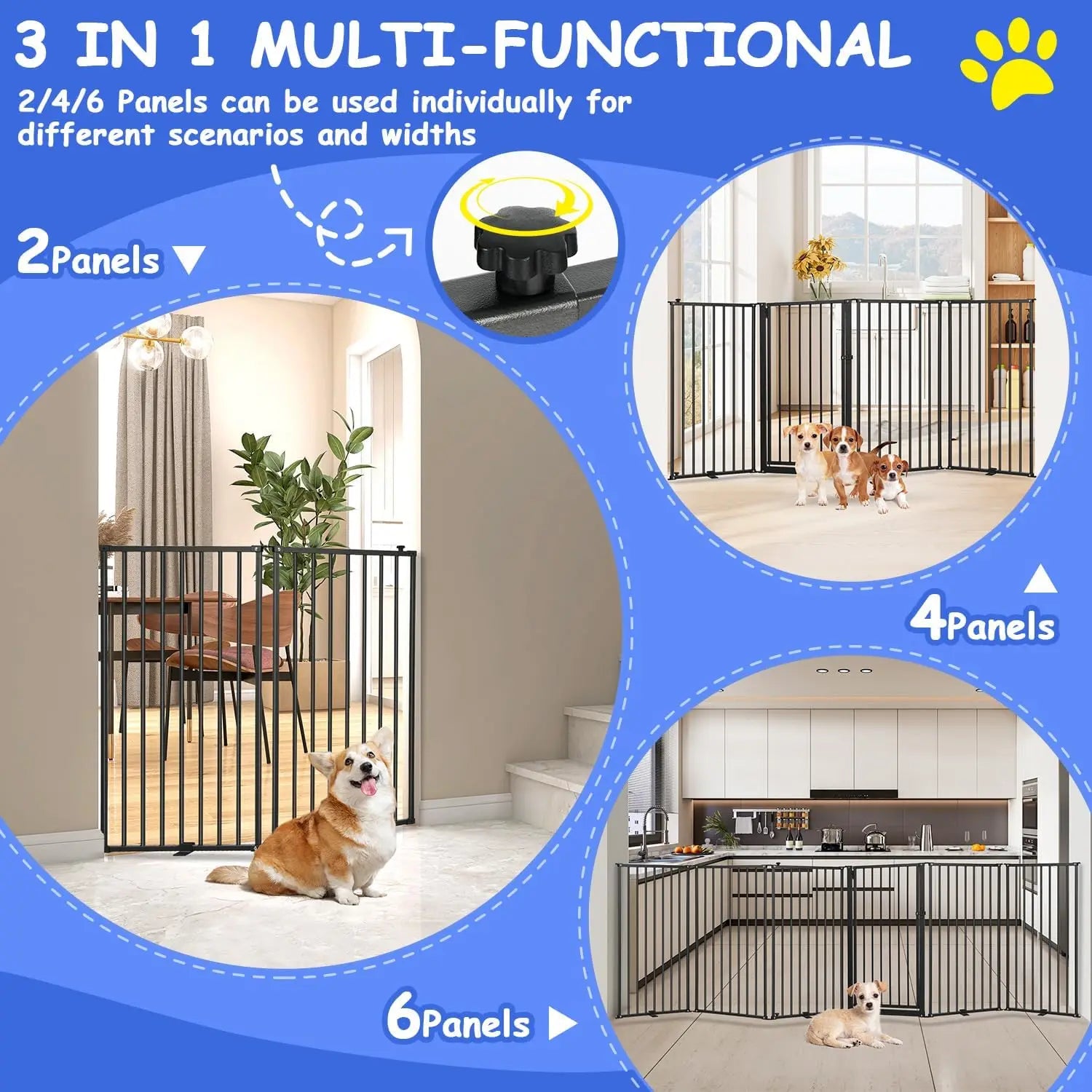 6-Panel Freestanding Dog Gate with Door, 120''W Foldable Pet Fence for Indoor/Outdoor Use, 32''H Tall