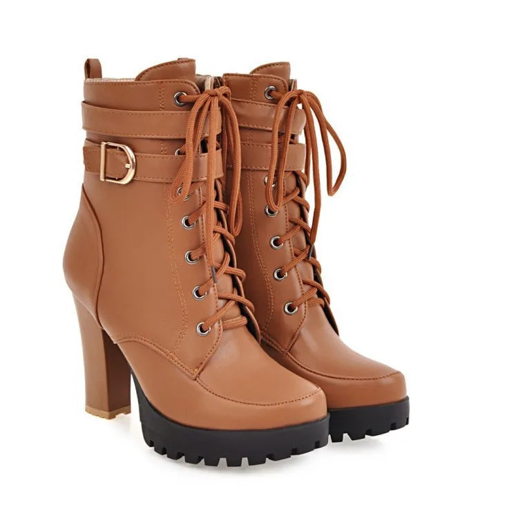 High Heels Women Ankle Boots Lace Up Fall Winter Platform Ladies Boots Large Size Fashion Shoes White Black Brown