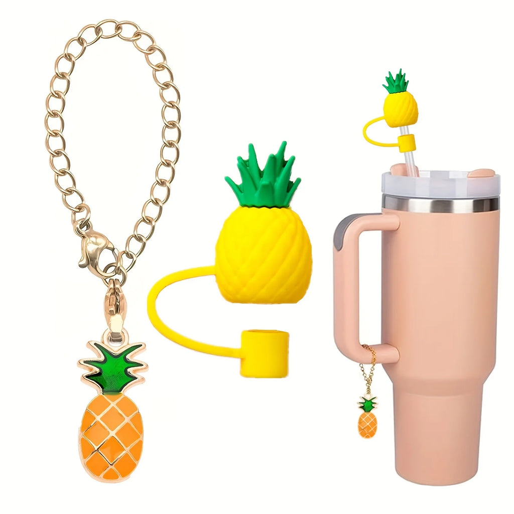 2set Silicone Fruit Straw Cover Cap With Chain Charm Strawberry Pineapple For Stanley Tumblers With Handle 8mm Drinking Straw