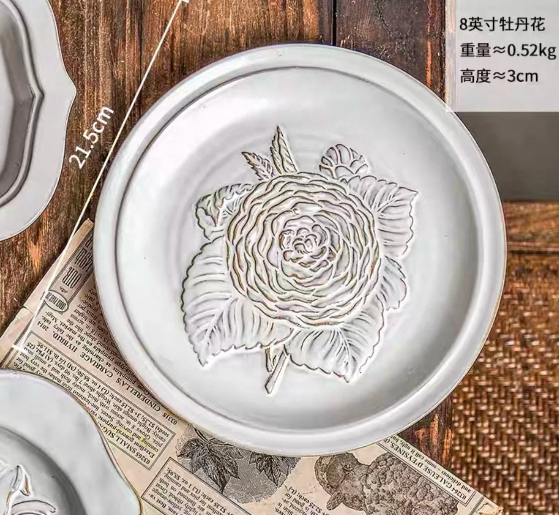 Ceramic Plates Vintage Style Dinner Plate Tulip Relief Ceramic Plates Steak Pasta Dishes Tableware Household Use Tableware Home