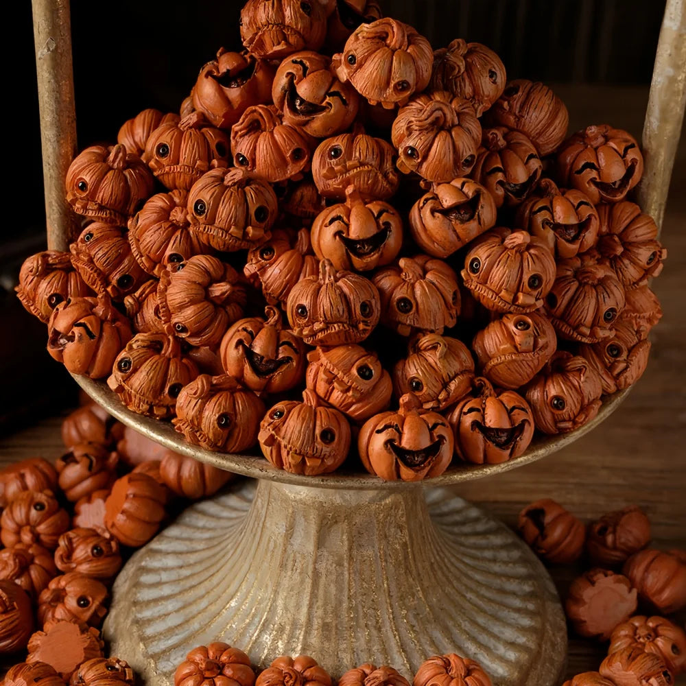 16pcs Halloween Mini Pumpkin Resin Figurines Vintage Spooky Decor Red Eyes Jack O Lantern Faces Battery Free Table Display
