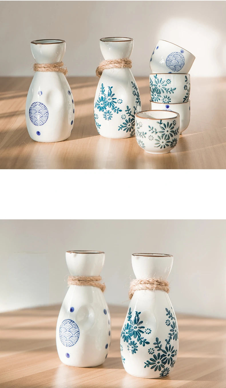 Vintage Japanese Sake Ware Ceramic Flower Wine Pot and Cup Home Kitchen Restaurant Wine Dispenser Drinking Supplies Accessories