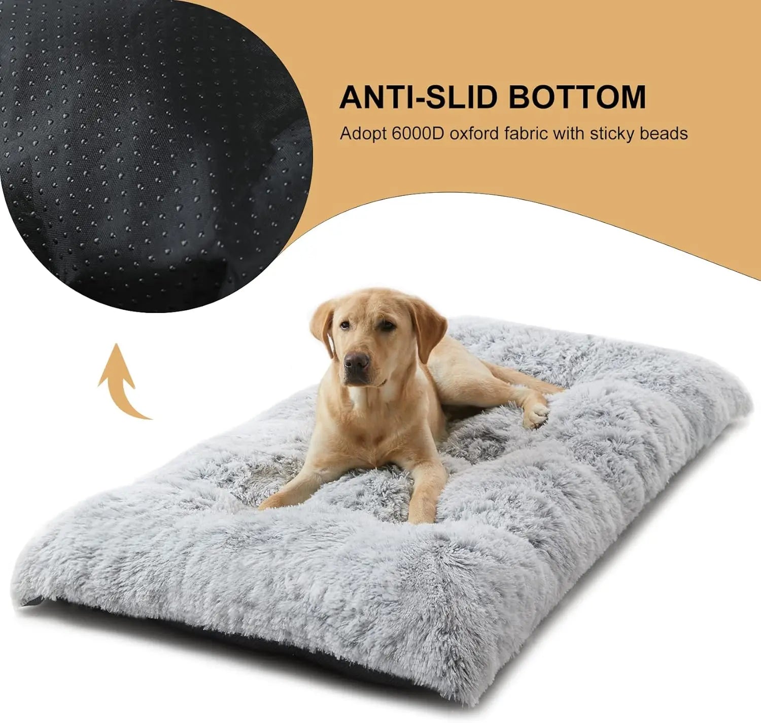 Large Dog Bed, Plush Cozy Kennel Pad with Anti-Slip Bottom for Anxiety Relief and Sleep, Washable Grey Pet Mat