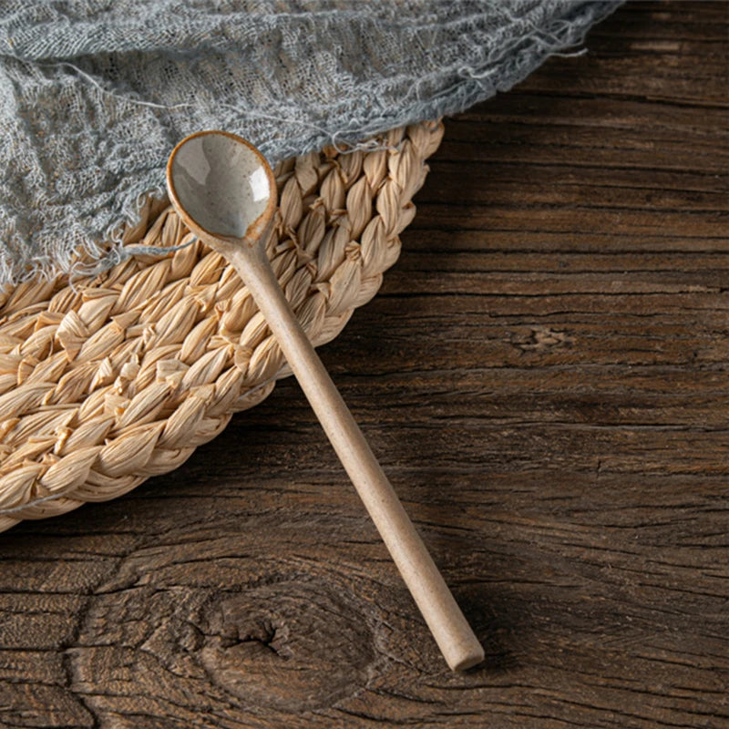 Vintage Japanese Ceramic Small Spoon Coffee Scoop With Long Handle Rough Pottery Soup Spoon Cute Kitchen Accessories