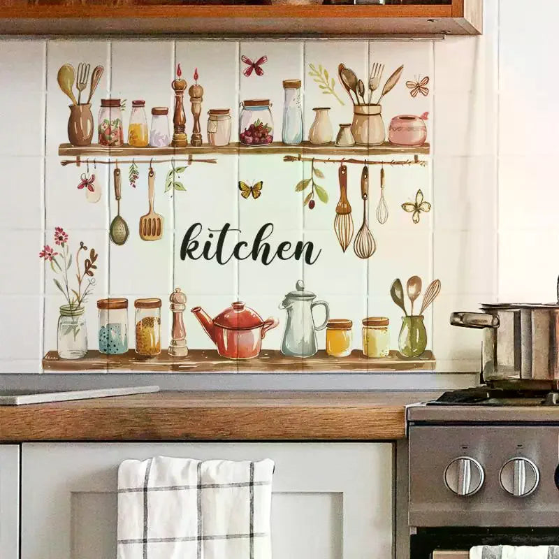 1PC Painted Kitchenware Glass Jar Kitchen Dining Room Home Beautification Decoration Wall Sticker PVC Material