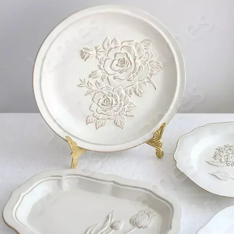 Ceramic Plates Vintage Style Dinner Plate Tulip Relief Ceramic Plates Steak Pasta Dishes Tableware Household Use Tableware Home