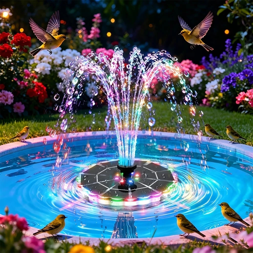 Solar Fountain with LED Lights&1800mAh Battery, 3.5W Solar Water Fountain Pump with 8 Nozzles&Crash Bars for Outdoor Decoration