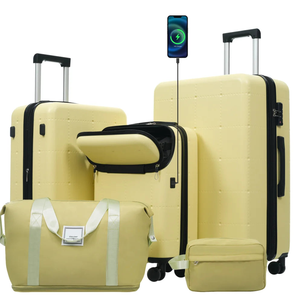 Hardside 5PCS Luggage Set with Bags 20" Half-opening Carry on With USB Port Expandable 24" 28" Double Spinner Wheels TSA Lock
