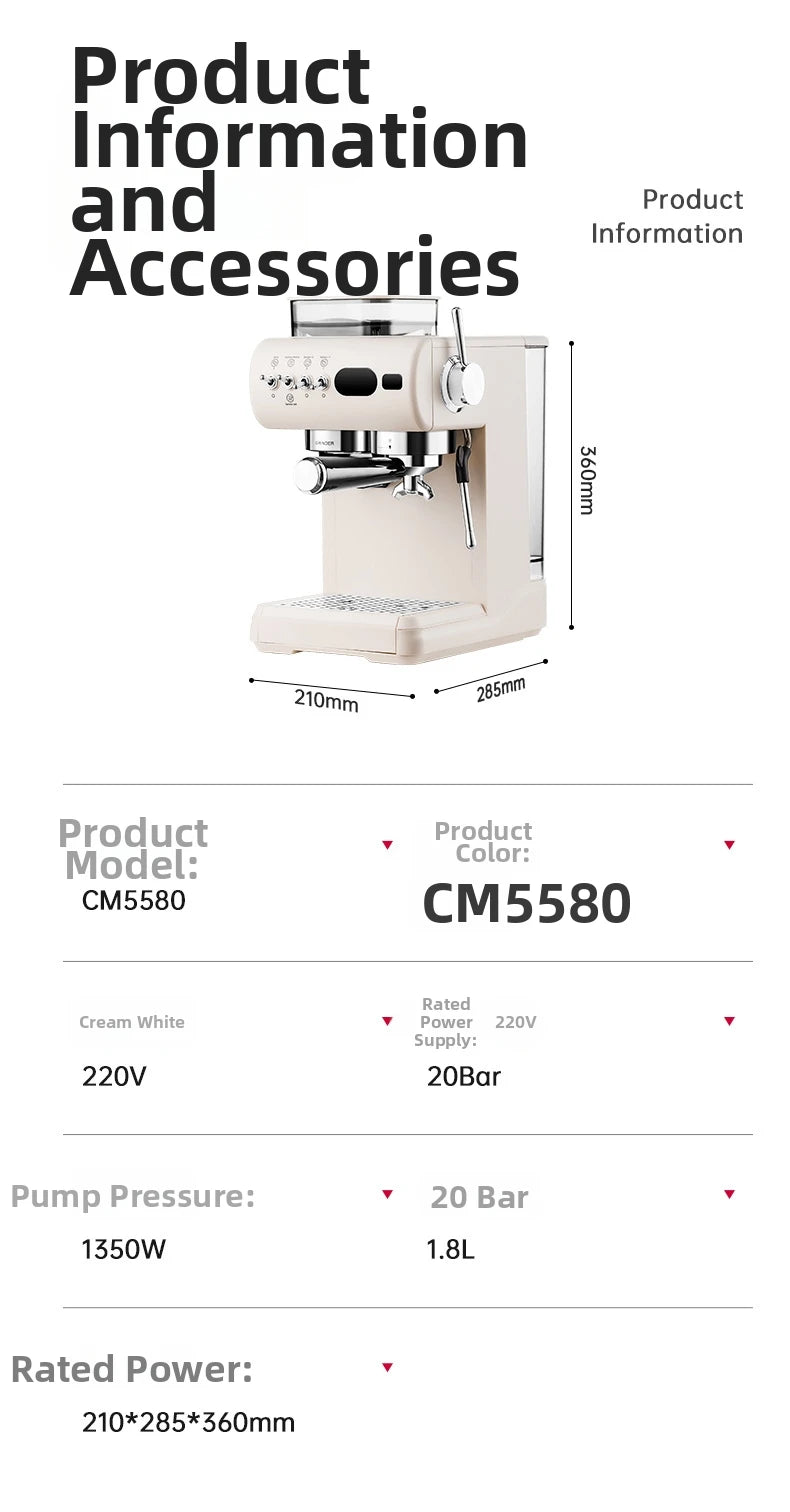 Semi-Automatic Espresso Machine – 20Bar Pressure with Built-in Grinder, Cold & Hot Brew Dual Extraction, Compact for Home Use