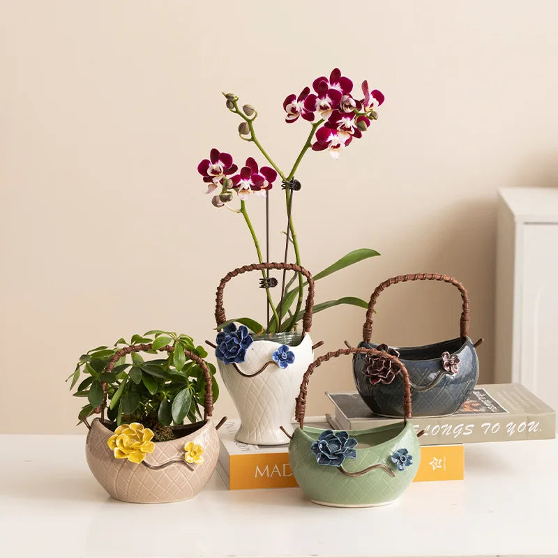 Handmade Ceramic Succulent Planter with Pinched Flowers, Flower Basket Shape Mini Pot for Desktop Cactus