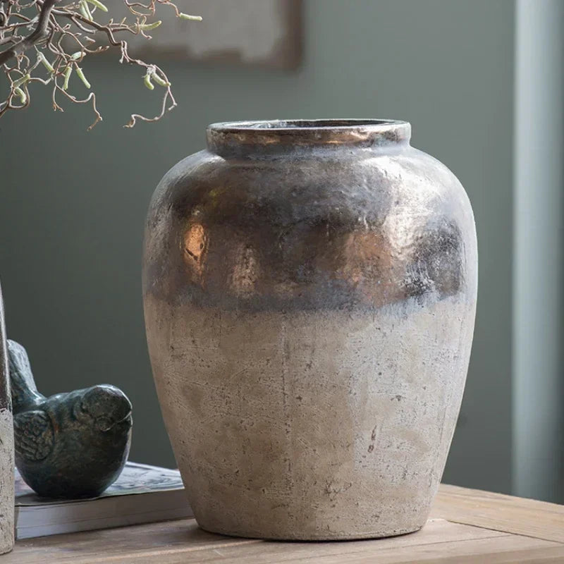 Vintage Distressed Coarse Pottery Vase Handmade Flower Arrangement Ornament for Living Room Bedroom - Unique Flower Vessel