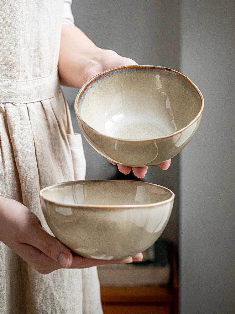 YWDL 500ml Vintage Ceramic Salad Bowl Heat-resistant Rice Soup Bowl Irregular Edges Kitchen Noodle Bowl Microwave Safe 5.5inch