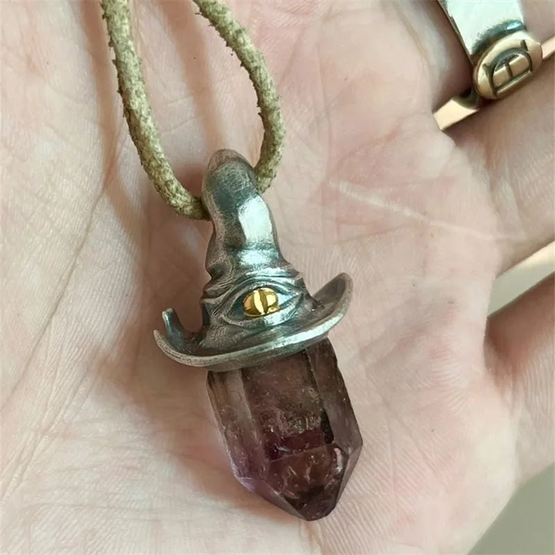 1pc Retro Style Amethyst Hexagonal Pillar Witch Hat Pendant Decoration Pendant