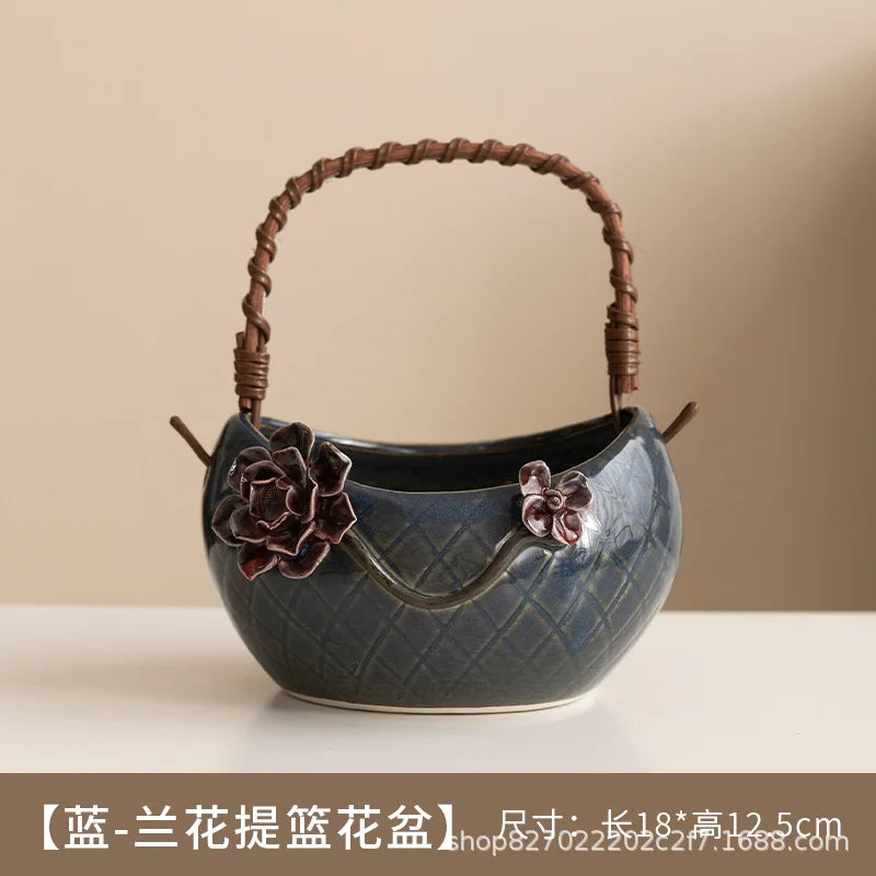 Handmade Ceramic Succulent Planter with Pinched Flowers, Flower Basket Shape Mini Pot for Desktop Cactus