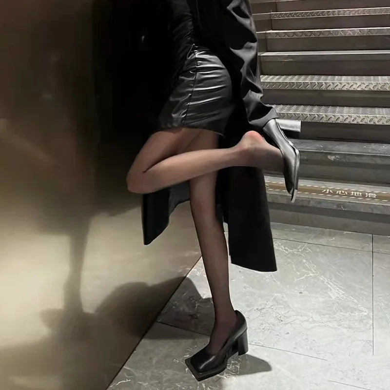 Retro Black Thick Heel Pumps Women Fashion Square Toe Shallow Designer Shoes Elegant Cozy Commuter Office Shoes Zapatos De Mujer