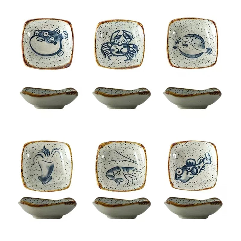 Vintage Ceramic Small Plate Japanese Creative Cartoon Seafood Sauce Dish Seasoning Plate Home Kitchen Tableware Wholesale