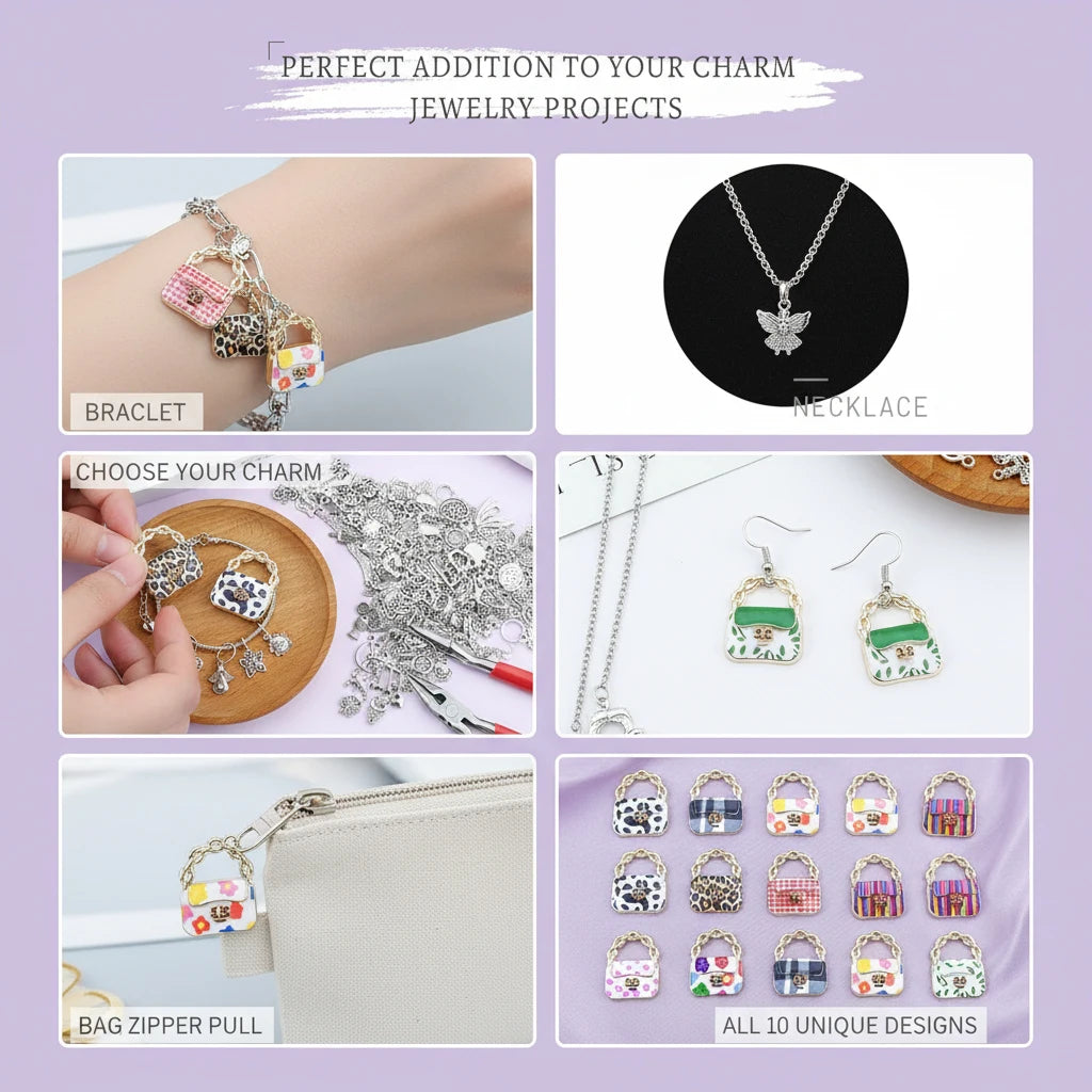 10pcs Colorful Fashion Women's Handbag Charms Alloy Pendants for DIY Bracelets Necklaces Earrings Jewelry Making Accessories