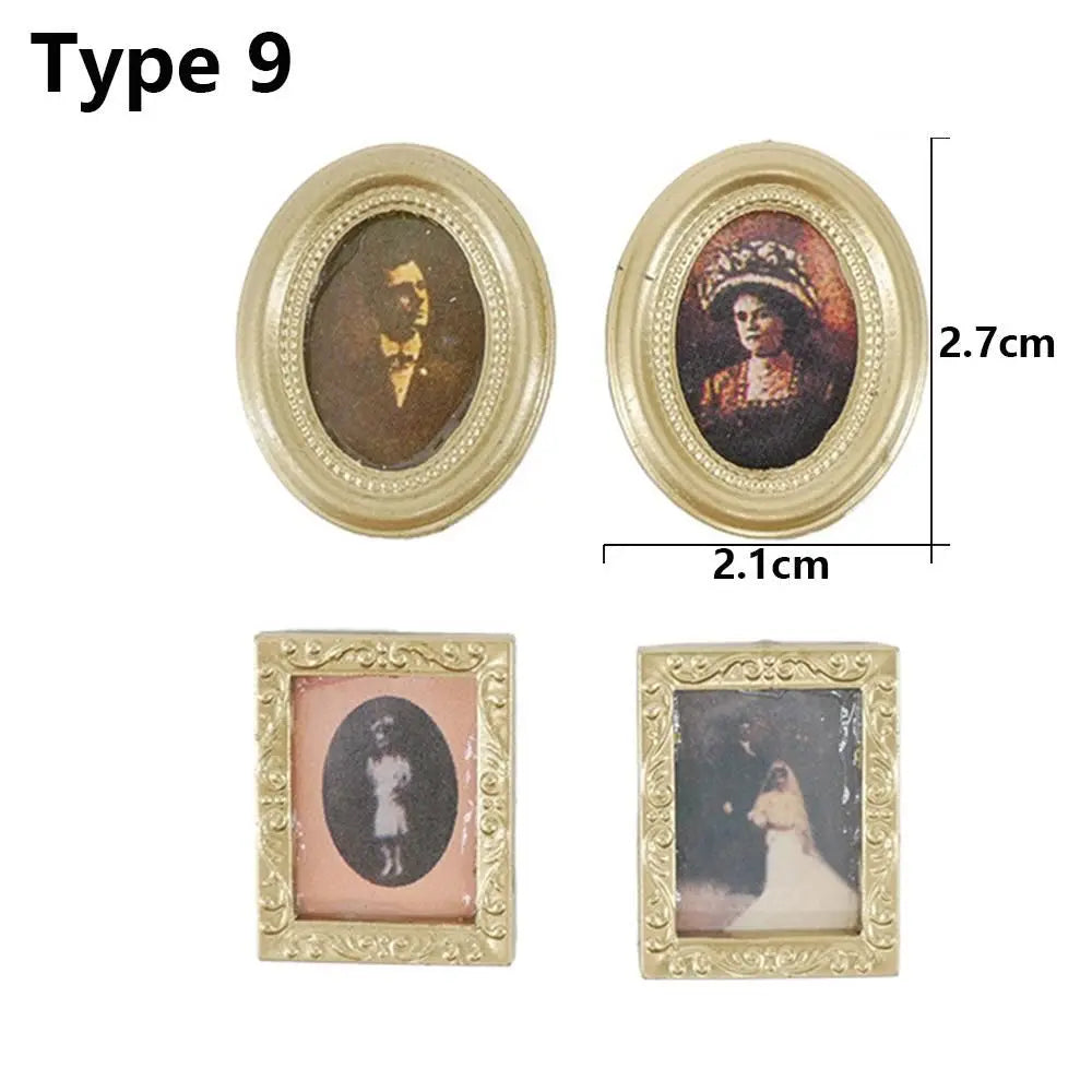 Vintage 1:12 Miniature Framed Photos Oil Painting Toys Doll Accessories Dollhouse Ornament Mural Wall Picture Miniaturas Casa