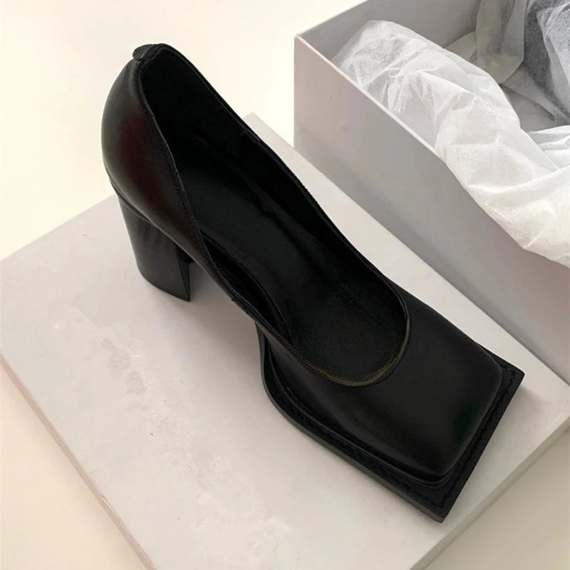 Retro Black Thick Heel Pumps Women Fashion Square Toe Shallow Designer Shoes Elegant Cozy Commuter Office Shoes Zapatos De Mujer