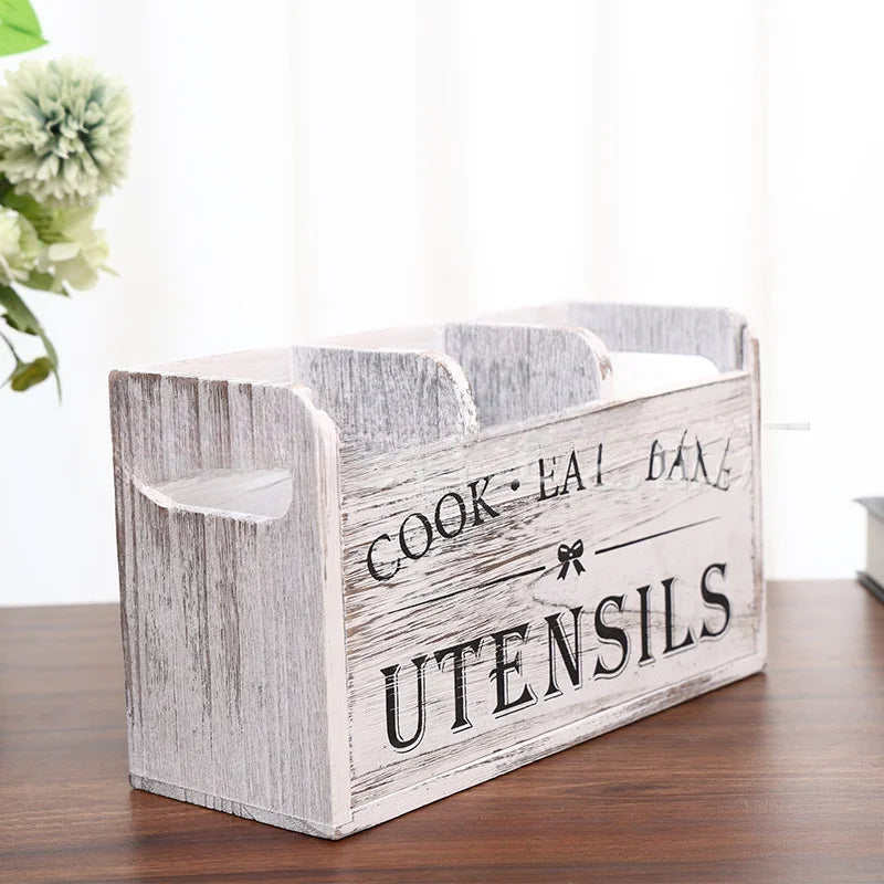 Kitchen Utensil Rack with Three Compartments Rustic Wooden Storage Box Vintage Tableware Farmhouse Dish Cabinet Forks Spoo