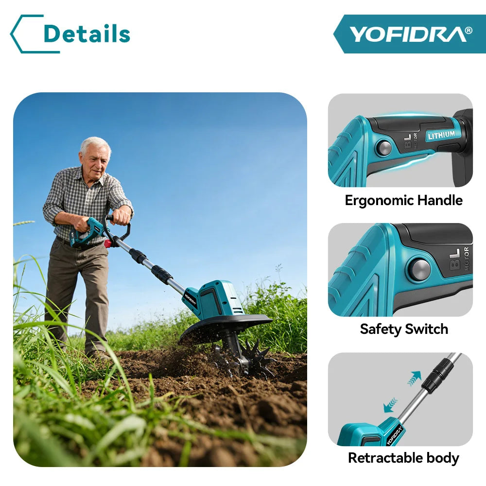 YOFIDRA Brushless Electric Garden Tiller Lawn Mower Rototiller For Soil Cultivation Garden Power Tool For Makita 21V Battery Pin