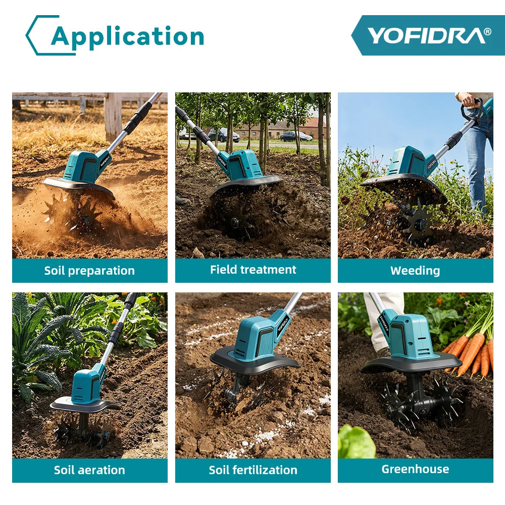 YOFIDRA Brushless Electric Garden Tiller Lawn Mower Rototiller For Soil Cultivation Garden Power Tool For Makita 21V Battery Pin