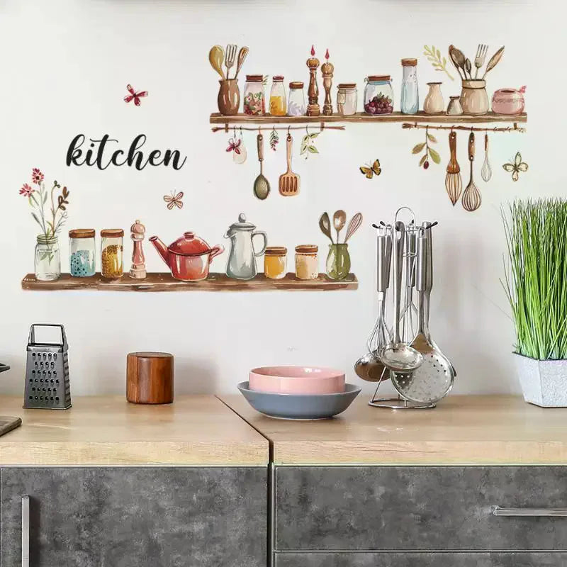 1PC Painted Kitchenware Glass Jar Kitchen Dining Room Home Beautification Decoration Wall Sticker PVC Material
