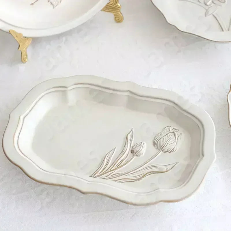 Ceramic Plates Vintage Style Dinner Plate Tulip Relief Ceramic Plates Steak Pasta Dishes Tableware Household Use Tableware Home