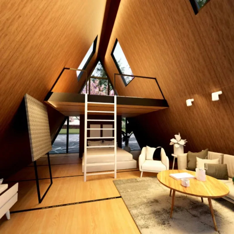2-Story A-Frame Modern Movable Wood Cabin Prefab Triangle Tiny House for Forest B&B & Glamping Resort Customized