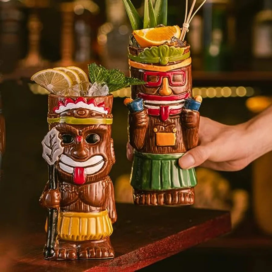 Cocktail Tiki Mugs Set Of 4 - Exotic Mug With 4 Coasters And 4 Straws Cute Ceramic Hawaiian Style Cocktail Glasses For Party An