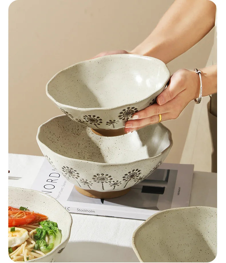 coarse pottery bowl, retro ceramic tableware, underglaze colored noodle bowl, lace soup bowl, household hat  commercial ramen
