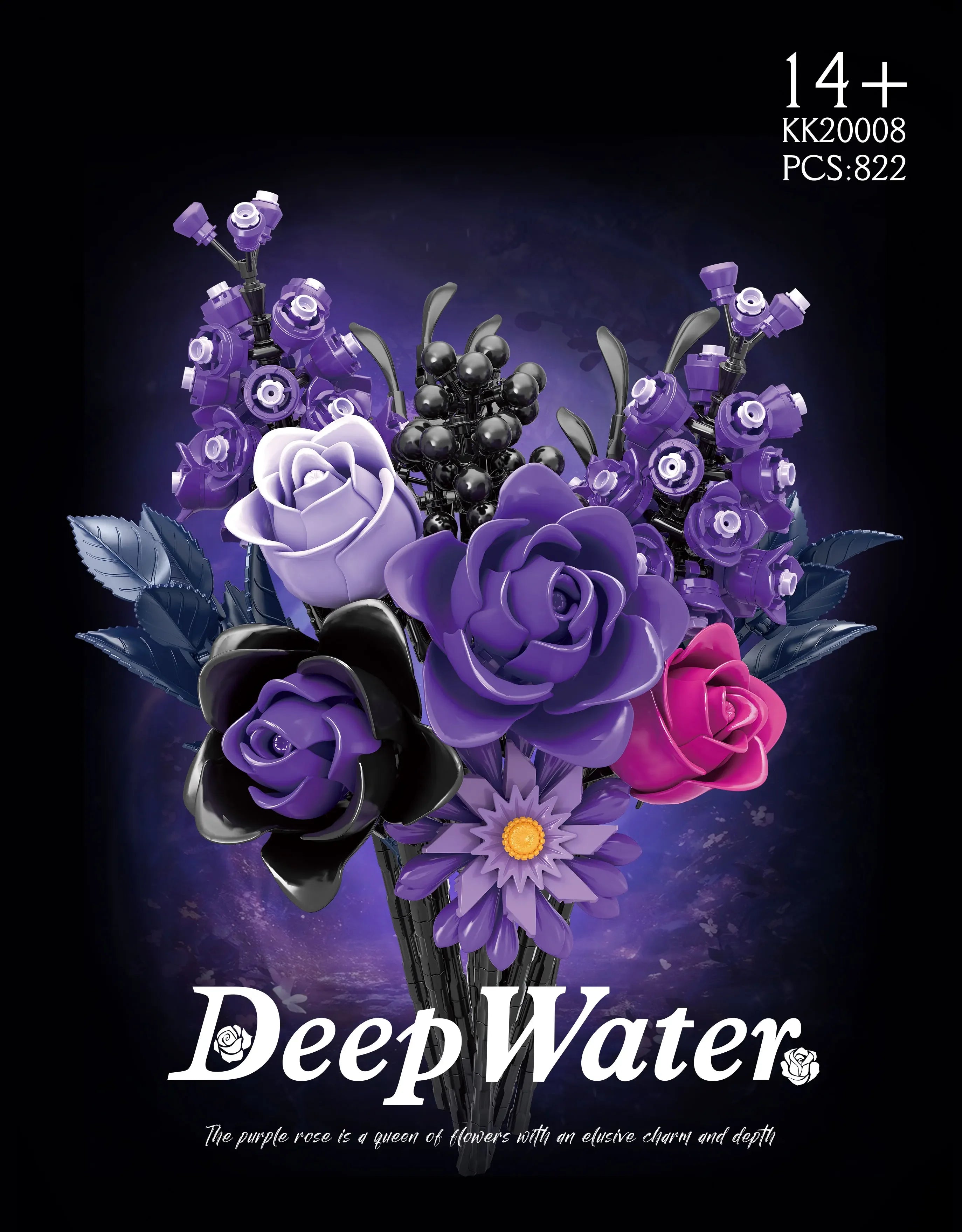 822PCS MOC Gothic Purple Rose Flowers Building Blocks Artificial Botanical Decor Toys Valentines Girlfriend Birthday Bricks Gift