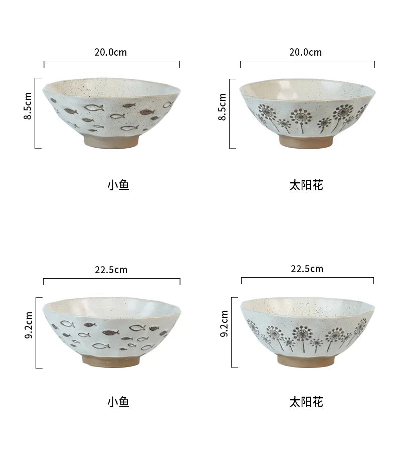 coarse pottery bowl, retro ceramic tableware, underglaze colored noodle bowl, lace soup bowl, household hat  commercial ramen