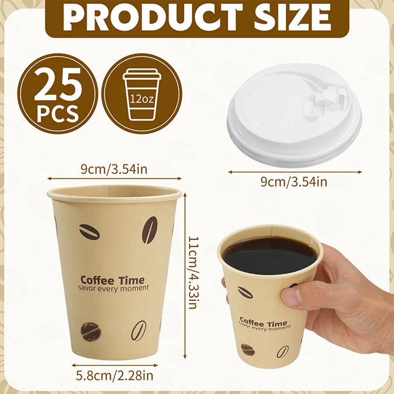 25/50Pack Disposable Paper Coffee Cups with Lids 12oz Bamboo Pulp To Go Drinking Paper Cups for Cold/Hot Drinks for Office Home