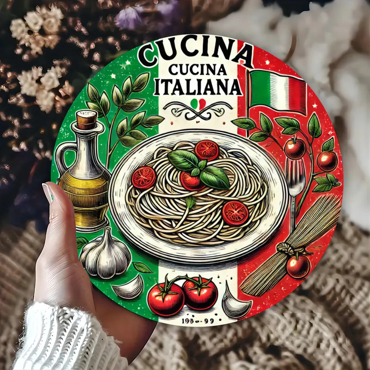 1pc Italian Cuisine Round Metal Sign - Rustic Aluminum Wall Art with HD Print, Waterproof & Rust-Resistant, Vintage Spaghetti &
