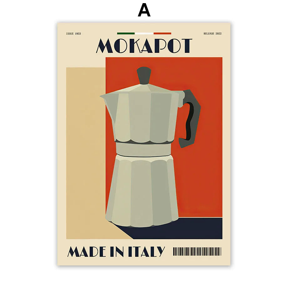 Italian Espresso Coffee Pot Beans Wall Art Wall Art Canvas Painting Poster Suitable for Decoration in Living Rooms Bedrooms