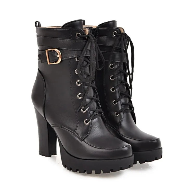 High Heels Women Ankle Boots Lace Up Fall Winter Platform Ladies Boots Large Size Fashion Shoes White Black Brown