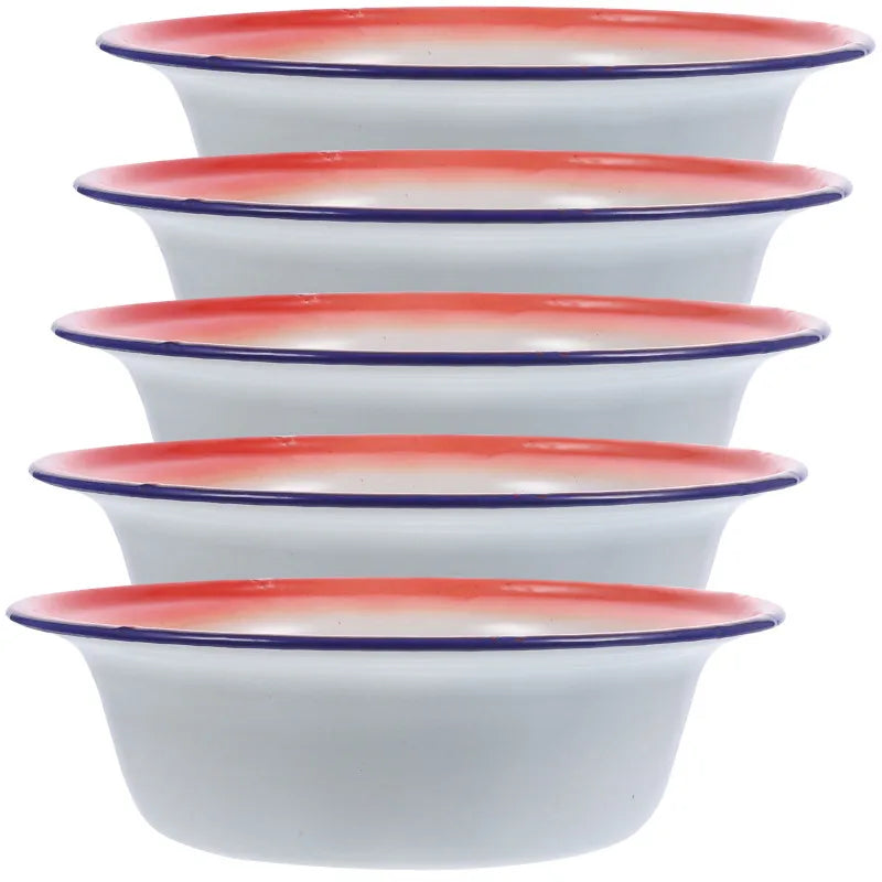 5 Pcs Red Floral Retro Enamel Disc Vintage Dinnerware Sets Enamelware Bowls Metal Plates Kitchen Storage Serving Tableware
