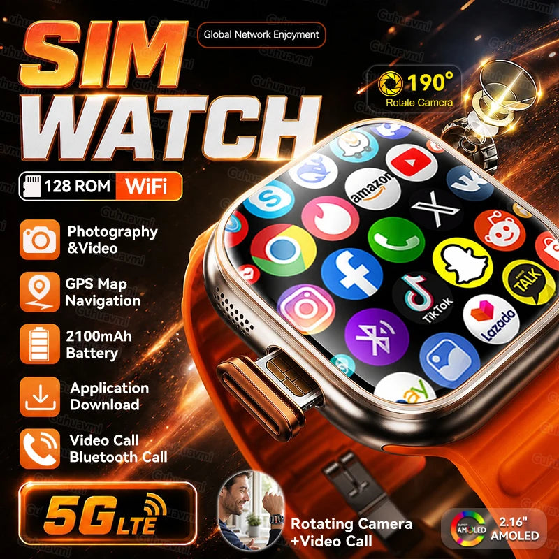 5G/4G Globally Universal SIM Smart Watch AMOLED Screen 190 ° Rotating Camera Video Call GPS 8+128GB Memory Smart Watch