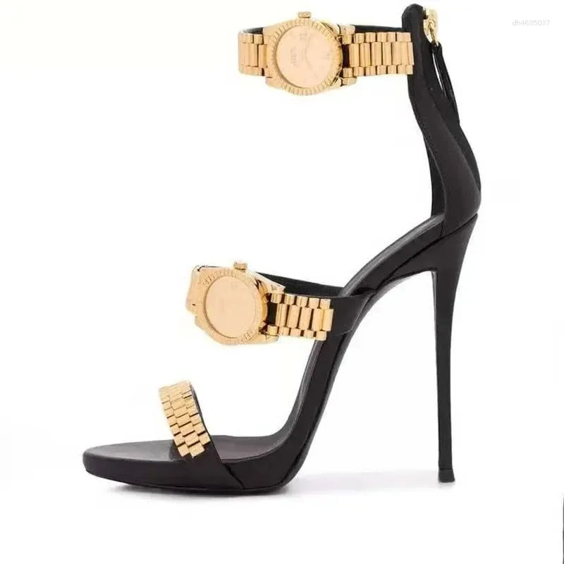 Sandals Womens Golden Watch Embellished Strap Sexy 12cm Stilettos High Heel Open Toe Ladies Heels Party Shoes